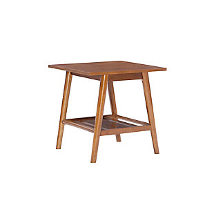 Add a touch of mid-century modern style to your home with this simply chic end table. The sleek lined design is enriched with a rich, warm brown finish. Slatted bottom shelf provides ample space for books or a storage basket.Made of wood, engineered wood and birch veneer | Slatted shelf | Assembly required