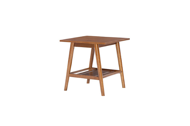 Add a touch of mid-century modern style to your home with this simply chic end table. The sleek lined design is enriched with a rich, warm brown finish. Slatted bottom shelf provides ample space for books or a storage basket.Made of wood, engineered wood and birch veneer | Slatted shelf | Assembly required