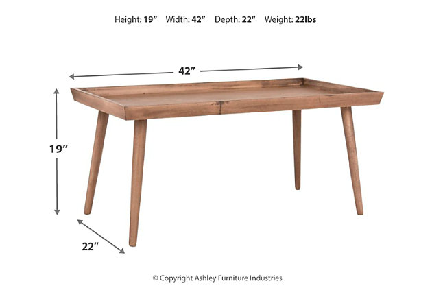 Lighten the look of your living space with this pine coffee table. Tray style design is enhanced with a special water-based paint treatment that brings out the beauty of the wood blend construction.Made of wood and engineered wood | Brown finish | Clean with a soft, dry cloth | Assembly required