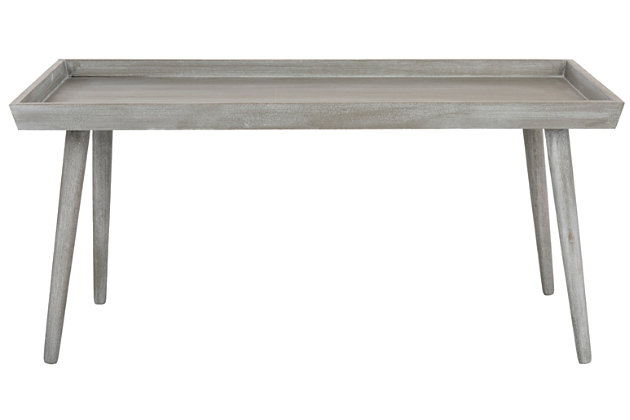 Lighten the look of your living space with this pine coffee table. Tray style design is enhanced with a special water-based paint treatment that brings out the beauty of the wood blend constructionMade of wood and engineered wood | Gray finish | Clean with a soft, dry cloth | Assembly required