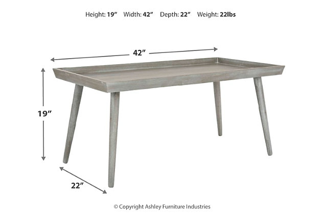Lighten the look of your living space with this pine coffee table. Tray style design is enhanced with a special water-based paint treatment that brings out the beauty of the wood blend constructionMade of wood and engineered wood | Gray finish | Clean with a soft, dry cloth | Assembly required