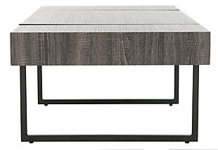 Striking and stylish, the urban industrial design of this rectangular coffee table ensures its place in any contemporary living space. Its minimalist lines are highlighted with a chic black finish that allows the beauty of the wood grain to steal the show.Made of engineered wood | Black finish | Black powdercoat metal legs | Clean with a soft, dry cloth | Assembly required
