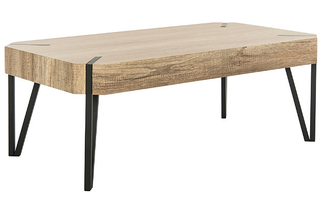 Striking and stylish, the mid-century influence of this rectangular coffee table is evident in the hairpin design legs. Its minimalist lines are highlighted with a chic gray finish that allows the beauty of the wood grain to steal the show.Made of engineered wood | Gray finish | Black powdercoat metal legs | Clean with a soft, dry cloth | Assembly required