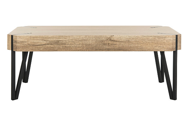 Striking and stylish, the mid-century influence of this rectangular coffee table is evident in the hairpin design legs. Its minimalist lines are highlighted with a chic gray finish that allows the beauty of the wood grain to steal the show.Made of engineered wood | Gray finish | Black powdercoat metal legs | Clean with a soft, dry cloth | Assembly required