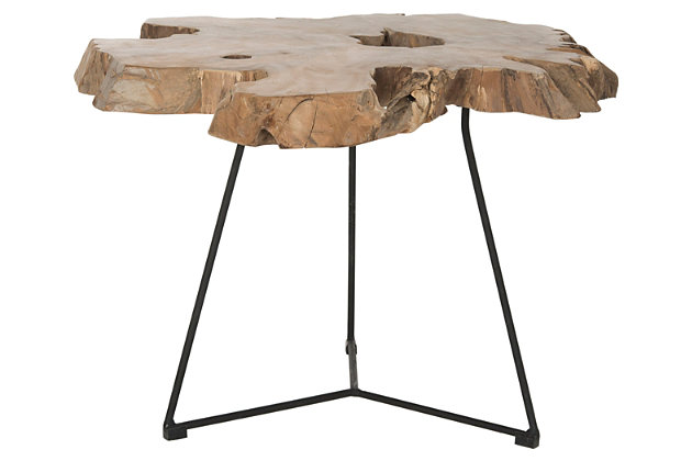 Rustic chic meets eclectic elegance in this one-of-a-kind coffee table that juxtaposes a natural wood top with a sleek modern base. Repurposed with style, the reclaimed wood used in this table gives you something to feel good about. Due to the “found” nature of the wood top, each table is slightly different with its own grain variations and patterns.Made of wood | Natural finish | Black iron legs | Clean with a soft, dry cloth