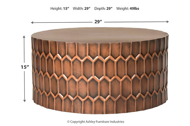 Dripping in honeycomb-shaped hexagons and finished in an antiqued copper-tone patina, this drum table exudes an expensive aesthetic. The fact that it’s utterly affordable sweetens the deal.Made of metal | Antiqued copper-tone finish | Clean with a soft, dry cloth