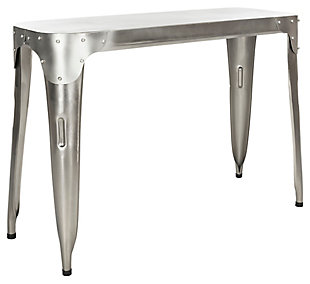 Modern industrial style is on a roll, and this console table serves it up with flair. Sleek and streamlined metal frame is accented with bracket-rivet details, while tabletop’s silvertone finish is loaded with vintage-cool character.Made of metal | Dark antiqued silvertone finish | Clean with a soft, dry cloth | Assembly required