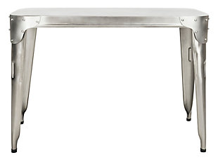Modern industrial style is on a roll, and this console table serves it up with flair. Sleek and streamlined metal frame is accented with bracket-rivet details, while tabletop’s silvertone finish is loaded with vintage-cool character.Made of metal | Dark antiqued silvertone finish | Clean with a soft, dry cloth | Assembly required