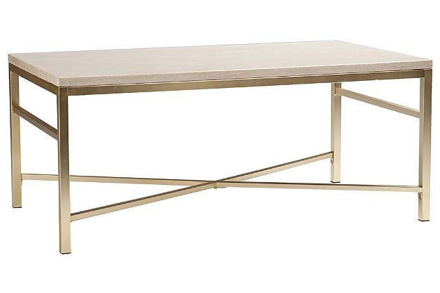 With this strikingly beautiful coffee table, less is so much more. Clean-lined metal base wows in a soft matte brass-tone finish that’s easy on the eyes. Faux travertine top incorporates an earthy elegance sure to look right at home.Plated iron tube base in matte brass-tone finish | Faux travertine top (made of engineered wood and paper veneer) | Assembly required | Assembly time frame is 15 to 30 min.
