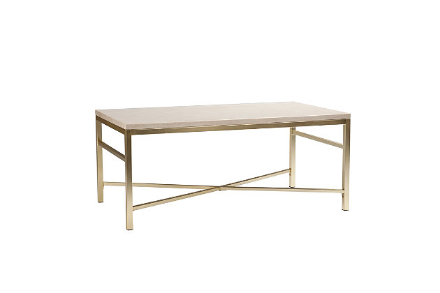 With this strikingly beautiful coffee table, less is so much more. Clean-lined metal base wows in a soft matte brass-tone finish that’s easy on the eyes. Faux travertine top incorporates an earthy elegance sure to look right at home.Plated iron tube base in matte brass-tone finish | Faux travertine top (made of engineered wood and paper veneer) | Assembly required | Assembly time frame is 15 to 30 min.