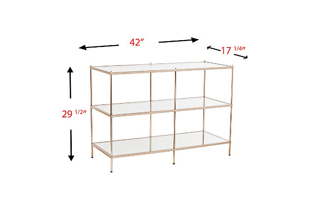 By infusing goldtone metal with both clear and mirrored glass, this decidedly modern console table takes minimalism to the max. Tri-level design gives its fabulous form that much more function.Plated iron frame in goldtone finish | Clear tempered glass tabletop and center shelf | Bottom shelf with mirrored glass top | Assembly required | Assembly time frame is 15 to 30 min.
