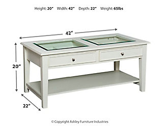 Finished in a delightful off-white, this clean-lined coffee table is an inspired choice for those who prefer that personal touch. The tabletop wows with transparent tempered glass insets, perfect for showing off everything from seashells and souvenirs to family photos. Dual drawers and an underlying shelf add to the form and functionality.Made of wood, veneer and engineered wood | Off-white finish | Tabletop with tempered glass insets | Brushed nickel-tone knobs | 2 drawers | Fixed shelf | Assembly required | Assembly time frame is 45 to 60 min.