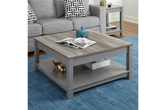 Merging modern and minimalist design, this two-tone coffee table turns display space into an art form. Dual finish of wood tones and gray is right on trend. Streamlined design proves that less is more.Made of laminated engineered wood | Gray finish with a distressed woodgrain top | 2 levels of display space | Assembly required