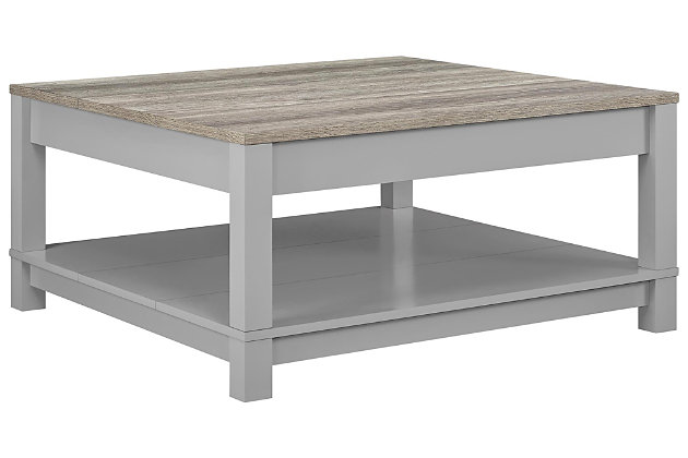 Merging modern and minimalist design, this two-tone coffee table turns display space into an art form. Dual finish of wood tones and gray is right on trend. Streamlined design proves that less is more.Made of laminated engineered wood | Gray finish with a distressed woodgrain top | 2 levels of display space | Assembly required