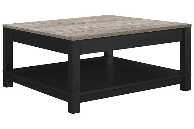 Merging modern and minimalist design, this two-tone coffee table turns display space into an art form. Dual finish of wood tones and black is right on trend. Streamlined design proves that less is more.Made of laminated engineered wood | Matte black finish with a distressed woodgrain top | 2 levels of display space | Assembly required