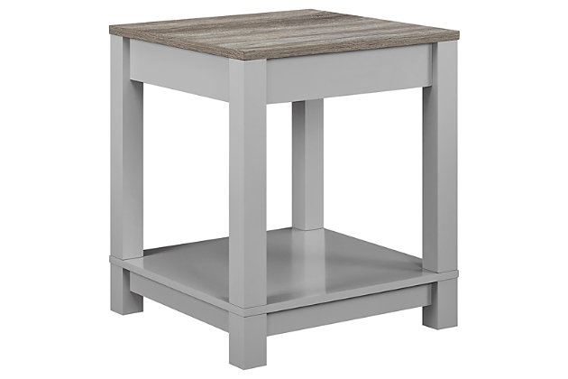 Merging modern and minimalist design, this two-tone end table turns display space into an art form. Dual finish of wood tones and gray is right on trend. Streamlined design proves that less is more.Made of laminated engineered wood | Gray finish with a distressed woodgrain top | 2 levels of display space | Assembly required