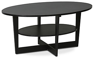 Designed to suit your style—and your budget—this contemporary oval coffee table is a big hit in small-space living. Thoughtful elements include rounded cornering for a safer—ouch-free—environment. That's especially nice if you have little ones running about.Made of high-quality engineered wood | Rounded corners for reduced risk of injury | Display shelf | Easy assembly | Imported | Spot clean only