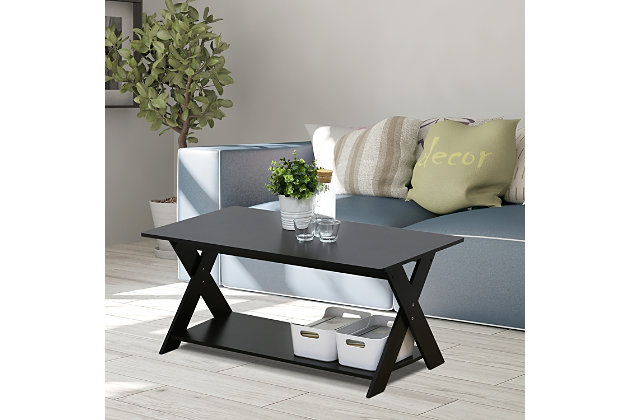 Designed to suit your style—and your budget—this X-ceptionally simple coffee table is a big hit in small-space living. Thoughtful elements include rounded cornering for a safer—ouch-free—environment. That's especially nice if you have little ones running about.Made of high-quality engineered wood | Rounded corners for reduced risk of injury | Built-in shelf | Top shelf holds up to 20 lbs; bottom shelf holds up to 10 lbs. | Easy assembly