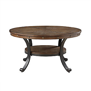 A beautiful mixture of metal metal and wood, this transitional coffee table provides a unique addition to your home. The round table features an oak woodgrain veneer finish with nailheads along the apron. The sturdy metal base includes curved legs and a small lower shelf that add dimension to the design.Made of engineered wood, oak, veneer and metal | Oak woodgrain veneer finish | Antiqued brass-tone nailheads | Metal legs with black finish | Assembly required