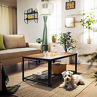 Serve up a simply sensational aesthetic with this industrial chic coffee table. Crafted with a sturdy, matte black iron frame and topped with engineered wood beautified with a rustic finish, this cool, clean-lined coffee table is sure to look right at home—everywhere from modern farmhouses to city lofts. Wire grill shelf adds to its allure.Matte black metal frame with wire grill shelf | Engineered wood tabletop in rustic finish | Assembly required