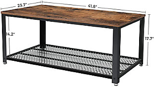 Serve up a simply sensational aesthetic with this industrial chic coffee table. Crafted with a sturdy, matte black iron frame and topped with engineered wood beautified with a rustic finish, this cool, clean-lined coffee table is sure to look right at home—everywhere from modern farmhouses to city lofts. Wire grill shelf adds to its allure.Matte black metal frame with wire grill shelf | Engineered wood tabletop in rustic finish | Assembly required