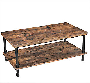 Serve up a simply sensational aesthetic with this industrial chic coffee table. Crafted with sturdy metal legs complete with pipe fitting style accents and engineered wood enriched with a rustic finish, this designer table with shelf storage is sure to look right at home—everywhere from modern farmhouses to city lofts.Black metal legs | Engineered wood tabletop and shelf with rounded corners in rustic finish | Assembly required
