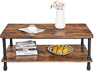 Serve up a simply sensational aesthetic with this industrial chic coffee table. Crafted with sturdy metal legs complete with pipe fitting style accents and engineered wood enriched with a rustic finish, this designer table with shelf storage is sure to look right at home—everywhere from modern farmhouses to city lofts.Black metal legs | Engineered wood tabletop and shelf with rounded corners in rustic finish | Assembly required