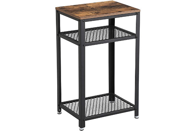 Serve up a simply sensational aesthetic with this industrial chic side table. Crafted with a sturdy, matte black iron frame and topped with engineered wood beautified with a rustic finish, this cool, clean-lined side table is sure to look right at home—everywhere from modern farmhouses to city lofts. Wire grill shelves add to its allure.Matte black metal frame with 2 wire grill shelves | Engineered wood tabletop in rustic finish | Assembly required