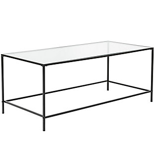 Let your sofa be lonely no longer. This modern table is great for hosting visitors or just creating a serene setup for lazy Saturday afternoons. Either way this contemporary coffee table will be the life of the party and provide the support you need. The clear glass top floats on a sturdy metal frame and is perfect for any space.Clear tempered glass top | Black steel base | Countersunk screws | Assembly required