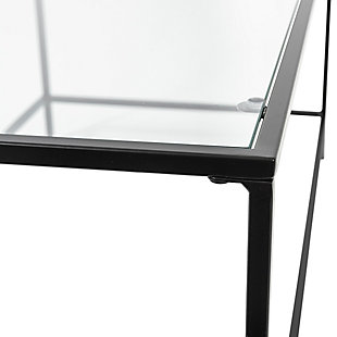 Let your sofa be lonely no longer. This modern table is great for hosting visitors or just creating a serene setup for lazy Saturday afternoons. Either way this contemporary coffee table will be the life of the party and provide the support you need. The clear glass top floats on a sturdy metal frame and is perfect for any space.Clear tempered glass top | Black steel base | Countersunk screws | Assembly required