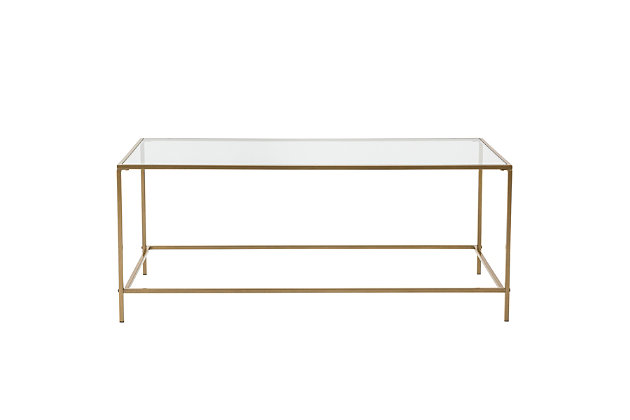 Let your sofa be lonely no longer. This modern table is great for hosting visitors or just creating a serene setup for lazy Saturday afternoons. Either way this contemporary coffee table will be the life of the party and provide the support you need. The clear glass top floats on a sturdy metal frame and is perfect for any space.Clear tempered glass top | Brass-tone steel base | Countersunk screws | Assembly required