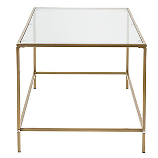 Let your sofa be lonely no longer. This modern table is great for hosting visitors or just creating a serene setup for lazy Saturday afternoons. Either way this contemporary coffee table will be the life of the party and provide the support you need. The clear glass top floats on a sturdy metal frame and is perfect for any space.Clear tempered glass top | Brass-tone steel base | Countersunk screws | Assembly required