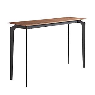 With clean lines and open design, this richly contemporary console table strikes just the right tone for minimalist design. Featuring an American walnut veneer over an engineered wood top with black powdercoat metal legs, this table complements a variety of urban industrial and modern design preferences.American walnut veneer over engineered wood | Black powdercoat steel frame | Assembly required