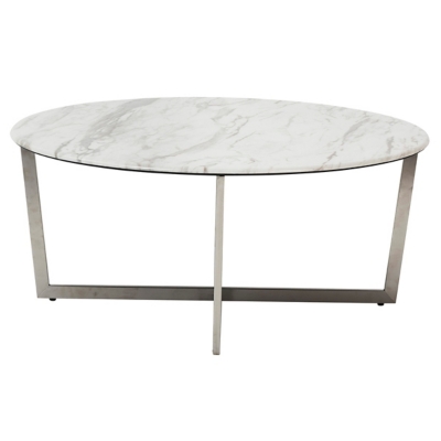 Llona Llona 36" Round Coffee Table in White Marble Melamine with Brushed Stainless Steel Base, White, large