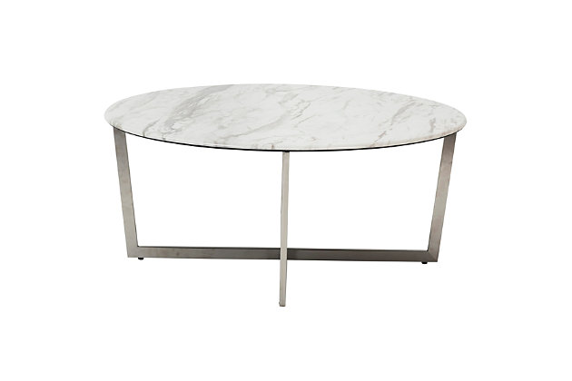 This round coffee table is designed to offer a two-dimensional appearance when viewed from certain angles. The beautiful faux marble melamine top and stainless steel legs add a polished look to this uniquely shaped table.High-pressured laminated melamine top | Brushed stainless steel base | Easy to clean | Assembly required