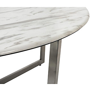 This round coffee table is designed to offer a two-dimensional appearance when viewed from certain angles. The beautiful faux marble melamine top and stainless steel legs add a polished look to this uniquely shaped table.High-pressured laminated melamine top | Brushed stainless steel base | Easy to clean | Assembly required