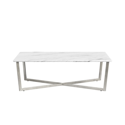 Llona Llona 47.5" Rectangle Coffee Table in White Marble Melamine with Brushed Stainless Steel Base, White, large