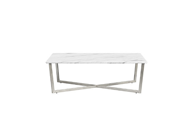 This rectangular coffee table is designed to offer a two-dimensional appearance when viewed from certain angles. The beautiful faux marble melamine top and stainless steel legs add a polished look to this uniquely shaped table.High-pressured laminated melamine top | Brushed stainless steel base | Easy to clean | Assembly required
