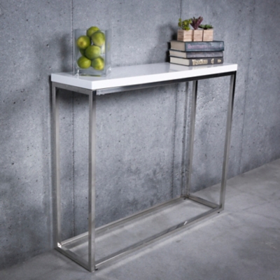 Teresa Teresa Console Table in White Lacquer with Polished Stainless Steel Frame, Stainless Steel, large