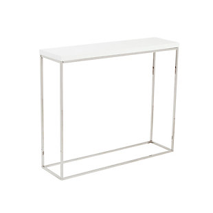 The simple and sleek style of this console table adds the perfect touch of sophistication to a foyer or living area. This is the ideal spot for displaying your favorite art or collectibles and for tossing your keys after a long day at the office. Featuring a sturdy and durable stainless steel base which is polished for added shine. The minimalist style adds an understated elegance giving the room a more open look and feel. Meanwhile, a high gloss lacquer top adds a luminous glow and makes this table easy to clean.White lacquered engineered wood top | Polished stainless steel frame | Adjustable feet | Easy to clean | Assembly required