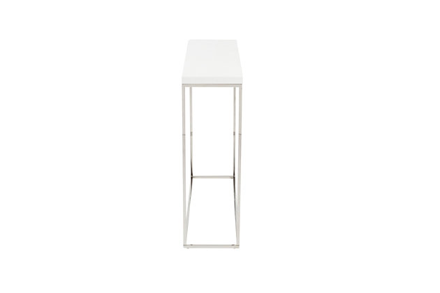 The simple and sleek style of this console table adds the perfect touch of sophistication to a foyer or living area. This is the ideal spot for displaying your favorite art or collectibles and for tossing your keys after a long day at the office. Featuring a sturdy and durable stainless steel base which is polished for added shine. The minimalist style adds an understated elegance giving the room a more open look and feel. Meanwhile, a high gloss lacquer top adds a luminous glow and makes this table easy to clean.White lacquered engineered wood top | Polished stainless steel frame | Adjustable feet | Easy to clean | Assembly required