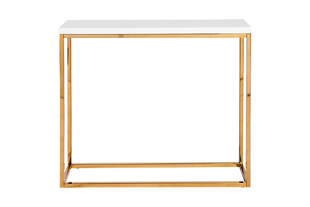 The simple and sleek style of this console table adds the perfect touch of sophistication to a foyer or living area. This is the ideal spot for displaying your favorite art or collectibles and for tossing your keys after a long day at the office. The minimalist style adds an understated elegance giving the room a more open look and feel. Meanwhile, a high gloss lacquer top adds a luminous glow and makes this table easy to clean.White lacquered engineered wood top | Brushed goldtone stainless steel frame | Adjustable feet | Easy to clean | Assembly required