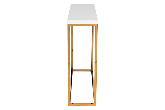 The simple and sleek style of this console table adds the perfect touch of sophistication to a foyer or living area. This is the ideal spot for displaying your favorite art or collectibles and for tossing your keys after a long day at the office. The minimalist style adds an understated elegance giving the room a more open look and feel. Meanwhile, a high gloss lacquer top adds a luminous glow and makes this table easy to clean.White lacquered engineered wood top | Brushed goldtone stainless steel frame | Adjustable feet | Easy to clean | Assembly required