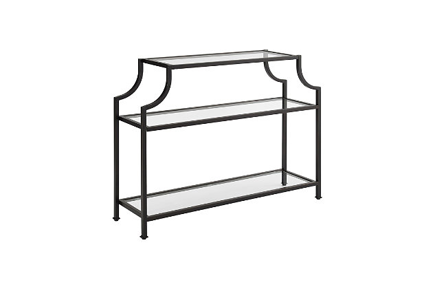 Showcase refined mid-century design with this eye-catching console table. This table features a pagoda-styled metal frame, warmed with a powdercoated finish. Use the open tempered glass shelves to display memories and trinkets or intriguing curios from your travels. This console table is stylish enough to stand on its own and can be easily paired with the rest of your decor.Powdercoated steel frame in bronze-tone finish | 3 levels of tempered glass shelving | Assembly required