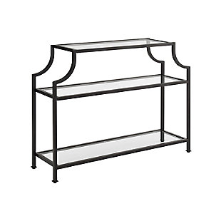 Showcase refined mid-century design with this eye-catching console table. This table features a pagoda-styled metal frame, warmed with a powdercoated finish. Use the open tempered glass shelves to display memories and trinkets or intriguing curios from your travels. This console table is stylish enough to stand on its own and can be easily paired with the rest of your decor.Powdercoated steel frame in bronze-tone finish | 3 levels of tempered glass shelving | Assembly required