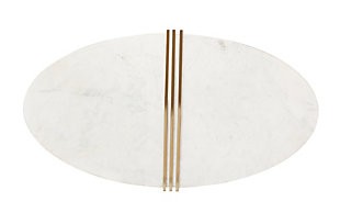 Modern and sophisticated, the eye-catching design of this cocktail table shows off an oval white marble top elegantly anchored to a gleaming goldtone base. Brimming with luxury and refinement, this table is sure to be a standout piece in your living space.Made of marble and metal | Handcrafted | White marble tabletop | Base with goldtone finish | Minor assembly required