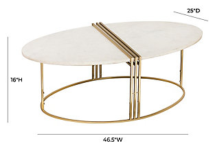 Modern and sophisticated, the eye-catching design of this cocktail table shows off an oval white marble top elegantly anchored to a gleaming goldtone base. Brimming with luxury and refinement, this table is sure to be a standout piece in your living space.Made of marble and metal | Handcrafted | White marble tabletop | Base with goldtone finish | Minor assembly required