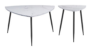 Streamlined and refined, this cute and fun table set is the perfect fit for any mid-century modern space. The tabletop is made of durable laminate with a marble print, while the black powdercoat legs add a handsome contrast to the design. Use these tables to complement any dining, work or open-plan space.Set of 2 | Made of engineered wood, laminate and powdercoat steel | White faux marble veneer laminate tabletop | Steel legs with black finish | Assembly required; tools and hardware included