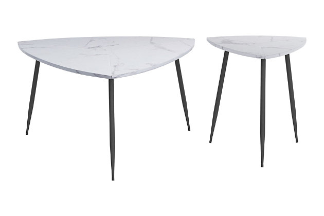Streamlined and refined, this cute and fun table set is the perfect fit for any mid-century modern space. The tabletop is made of durable laminate with a marble print, while the black powdercoat legs add a handsome contrast to the design. Use these tables to complement any dining, work or open-plan space.Set of 2 | Made of engineered wood, laminate and powdercoat steel | White faux marble veneer laminate tabletop | Steel legs with black finish | Assembly required; tools and hardware included