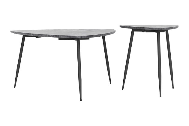 Streamlined and refined, this cute and fun table set is the perfect fit for any mid-century modern space. The tabletop is made of durable laminate with a granite print, while the black powdercoat legs add a handsome contrast to the design. These tables complement any dining, work or open-plan space.Set of 2 | Made of engineered wood, laminate and powdercoat steel | Gray faux granite laminate tabletop | Steel legs with black finish | Assembly required; tools and hardware included